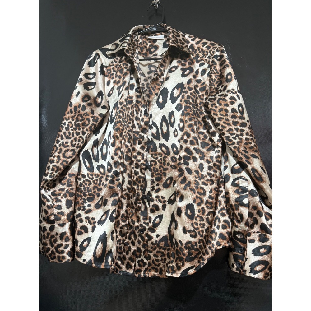 Chicos Leopard Print Satin Button Down Shirt Womens Size 1 Brown Tan Long Sleeve